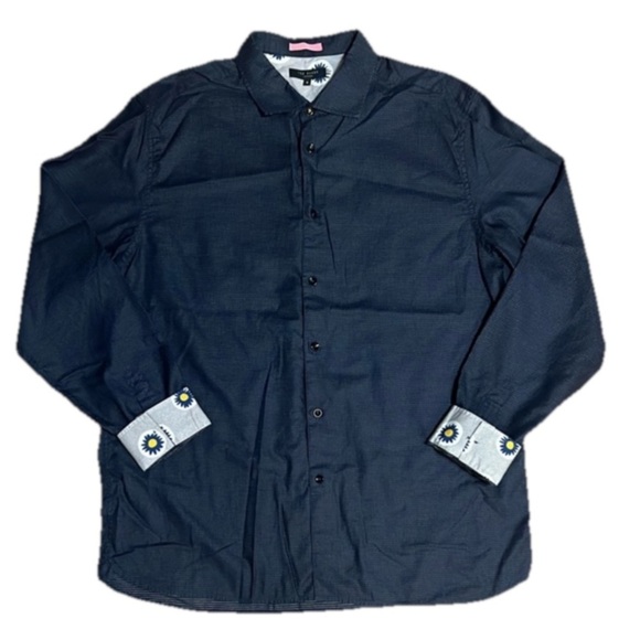 Ted Baker Button Up Dress Shirt Polkadot Floral Flip Cuff Navy Blue 6 / XXL - Picture 1 of 10